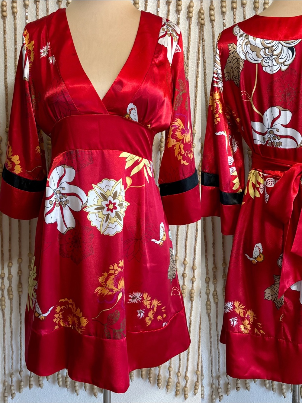 Y2K Silky Red Asian Floral Empire Waist Tie Kimono Dress Boho Glam Paper Tag LG